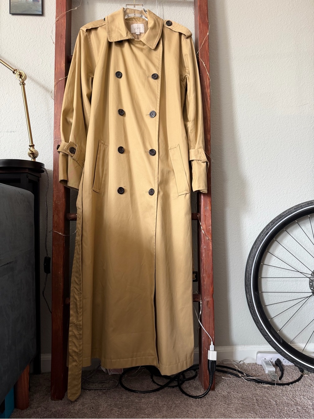 NWOT LOFT Classic Tan Trench Coat - Women's Long Double-Breasted Belted Trench - Picture 10 of 13